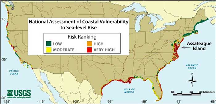 This US map shows the very high vulnerability of the mid-Atlantic region to sea-level rise.