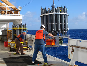 This CTD — an acronym for Conductivity, Temperature, and Depth — is the primary tool for determining essential physical properties of sea water. It gives scientists a precise and comprehensive picture of the distribution and variation of water temperature, salinity, and density to help us understand how phsyical properties affect living organisms. (Image credit: NOAA) CTD